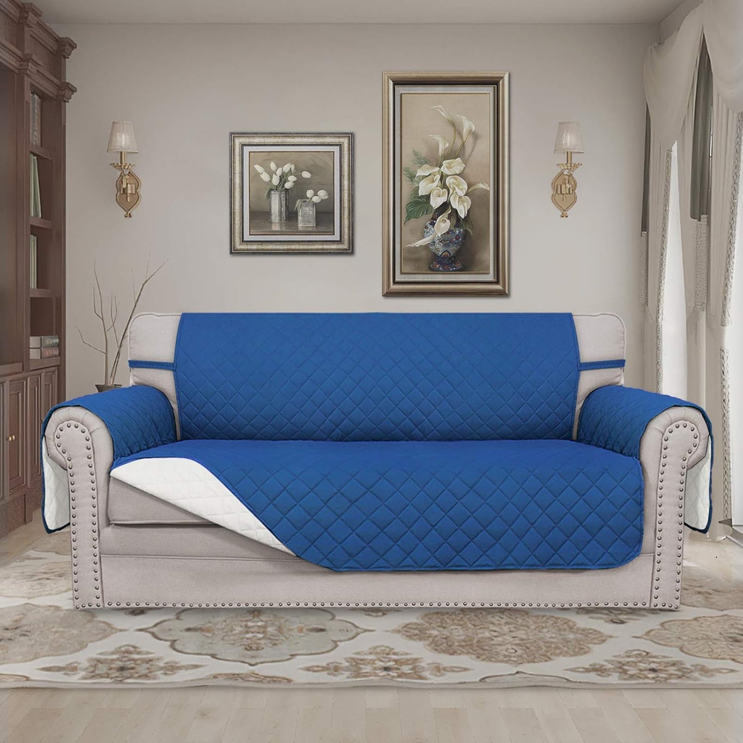 Easy-Going Sofa Slipcover Reversible Loveseat Sofa Cover Couch Cover for 2 Cushion Couch Furniture Protector with Elastic Straps for Pets Kids Dog Cat (Oversized Loveseat, Dark Blue/Ivory)