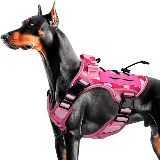 Heavy-Duty Tactical Dog Harness for Large Dogs, No Pull Adjustable Reflective Pet Vest with Molle System, K9 Military-Grade Control for Service Training, Outdoor & 10+ Breeds, Pink Camo, Medium