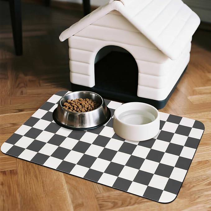 Checkered Pet Feeding Mat, Absorbent Dog Mat for Food and Water Bowls Dispenser 12" x 20" Black