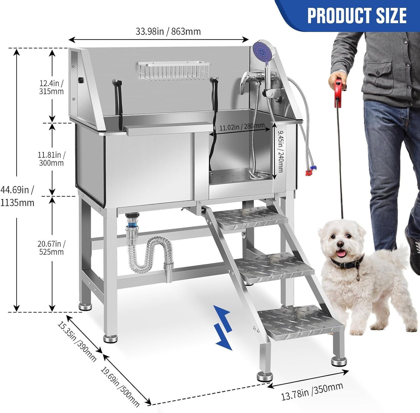Stainless Steel Dog Washing Station, Pet Grooming Tub W/Storage Stairs, Faucet & Showerhead & Soap Holder Dog Bathtub for Large & Medium & Small Pets,34" R-RAMP