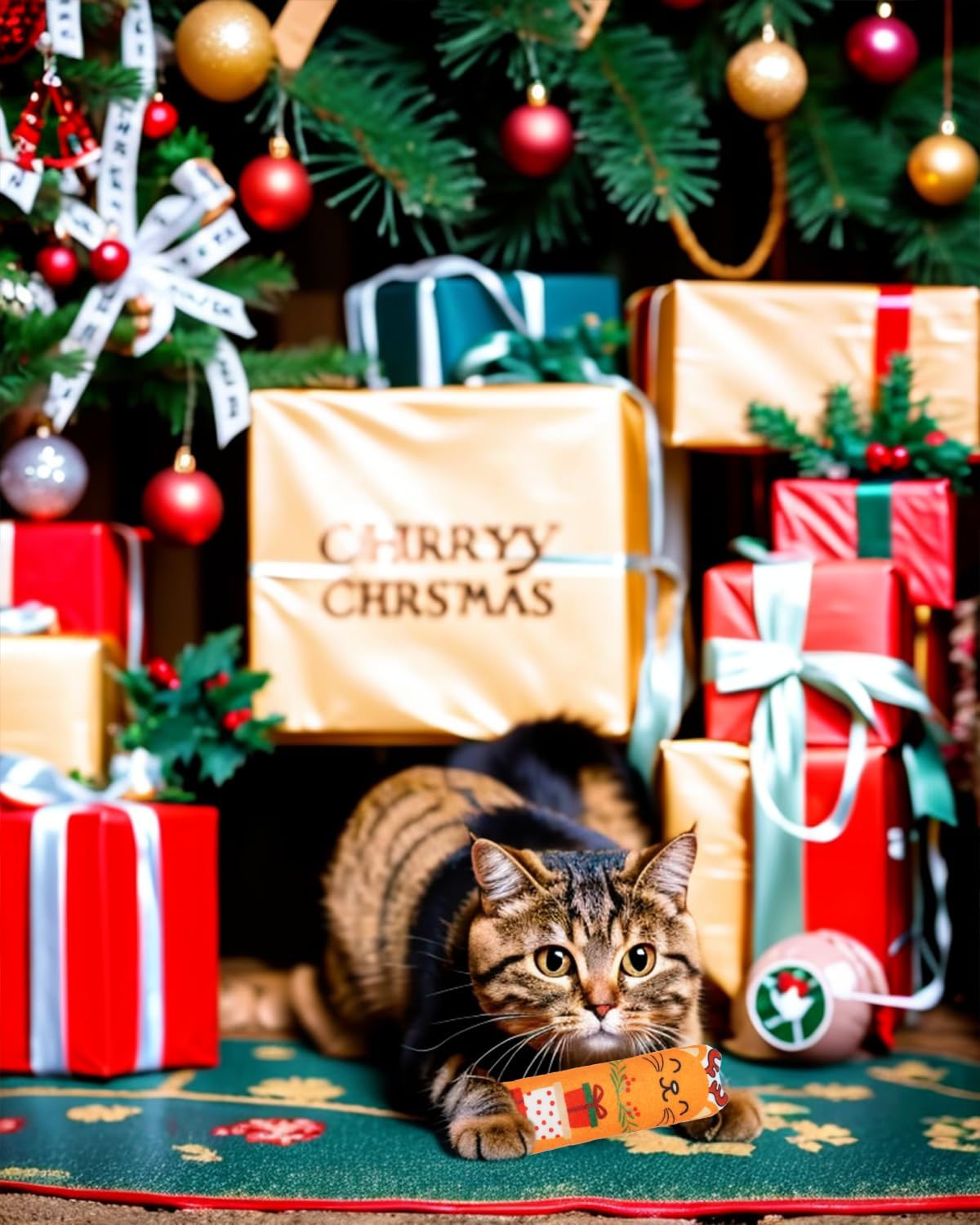 PET SHOW 8 Pack Christmas Cat Kicker Toys with Catnip Crinkle Sound Toys for Indoor Cats Xmas Santa Gift Patterns Plush Kittens Shape Natural Interactive Pet Kitty