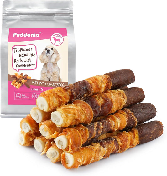 Dog Treats, Triple Flavor 6 Inch Rawhide Rolls, Chicken Duck and Chicken Liver Wrapped Rawhide Dog Chews, Suitable for Medium Dogs, 17.6 oz
