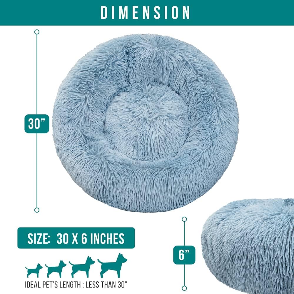 PetAmi Calming Dog Bed for Small Medium Dog Cat, Round Donut Washable, Fluffy Faux Fur Plush Cuddler Pet Kitten Cushion, Anti-Slip, Fits up to 45 lbs, 30 inch, Dusty Blue