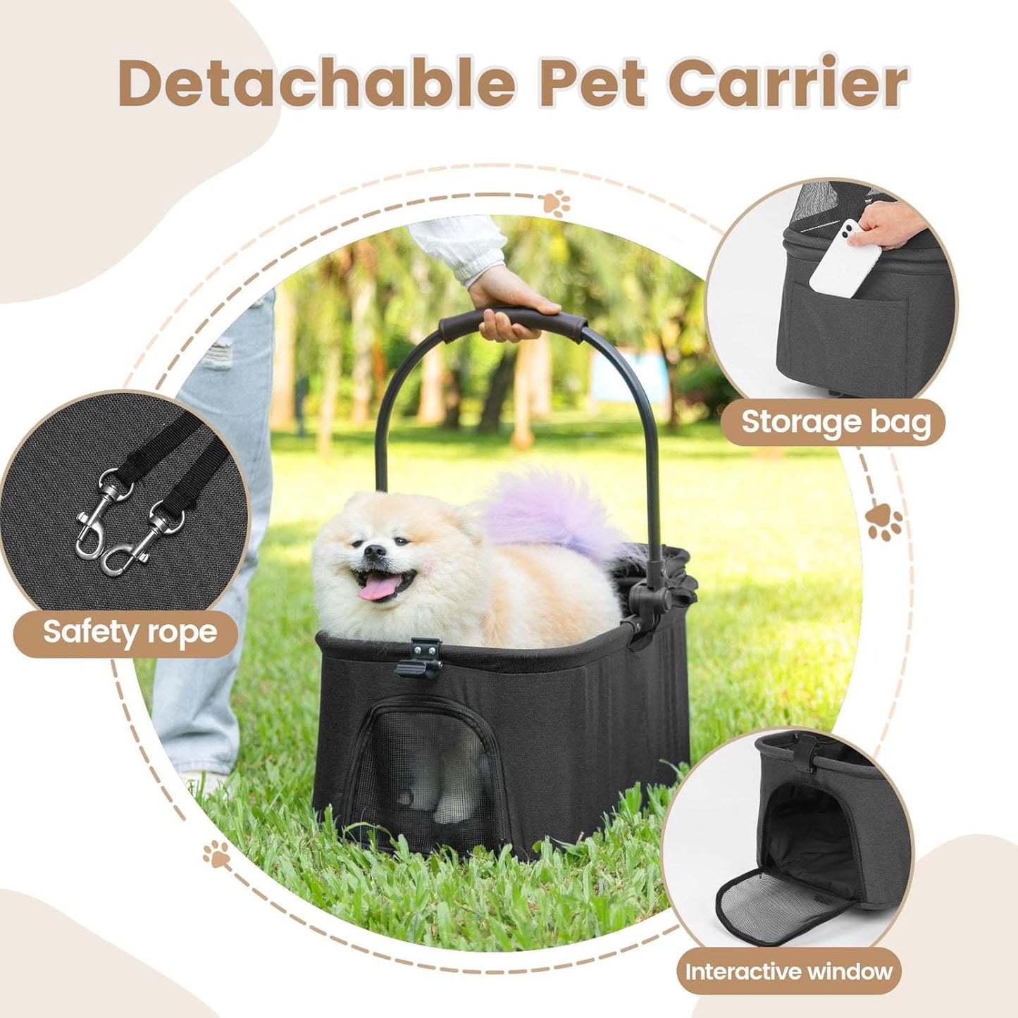 Pet Stroller, 4 Wheels Pet Strolling Cart for Medium/Small Dogs and Cats, Foldable Cat Jogger/Dog Stroller with Cup Holder, Storage Basket, Breathable Mesh, All-Season Pet Carrier (Black)