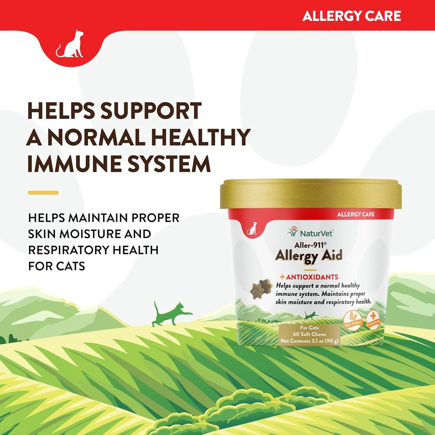 NaturVet – Aller-911 Allergy Aid Plus Antioxidants for Cats – 60 Soft Chews | Supports Immune System, Skin Moisture & Respiratory Health | Enhanced with Omegas, DHA & EPA | 30 Day Supply