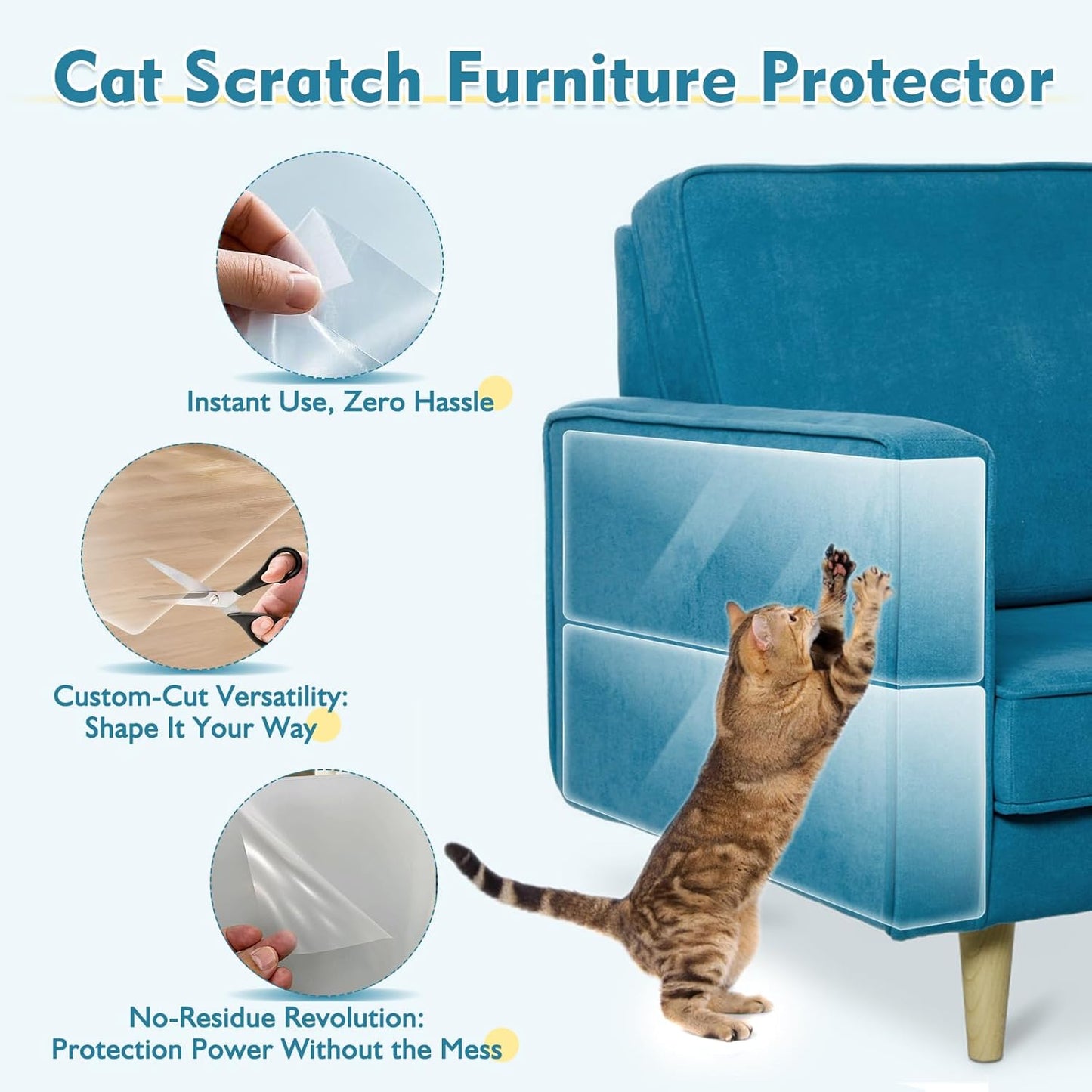 No Glue Marks Cat Scratch Furniture Protector, 15.75x 11.8 Inches Couch Protector from Cat Claws, Eco-Friendly Furniture Protectors from Cats Scratching(12-Pack+50 Pins)
