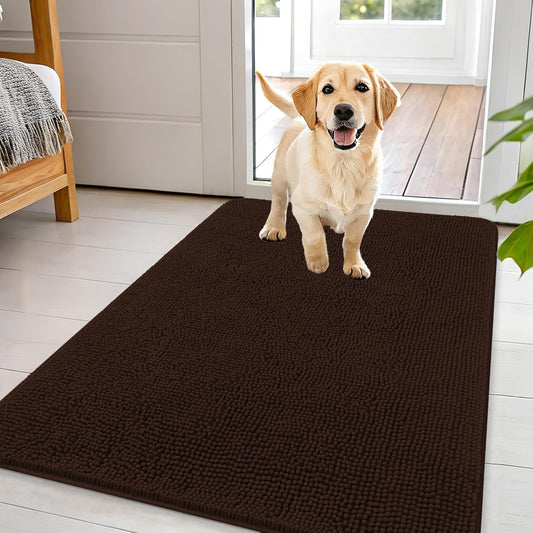 OLANLY Dog Door Mat for Muddy Paws 44x32, Absorbs Moisture and Dirt, Absorbent Non-Slip Washable Doormat, Quick Dry Chenille Mud Mat for Dogs, Entry Indoor Entryway Carpet for Inside Floor, Brown
