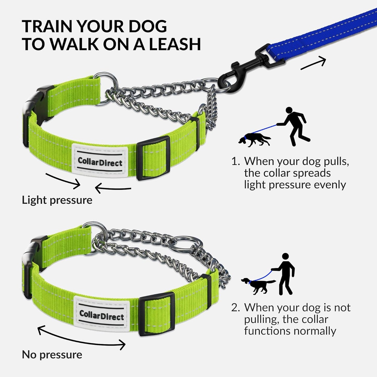 CollarDirect Martingale Dog Collar with Stainless Steel Chain and Quick Release Buckle - Reflective Collar for Large, Medium, Small Dogs - Lime Green, Large (Neck Size 17"-22")