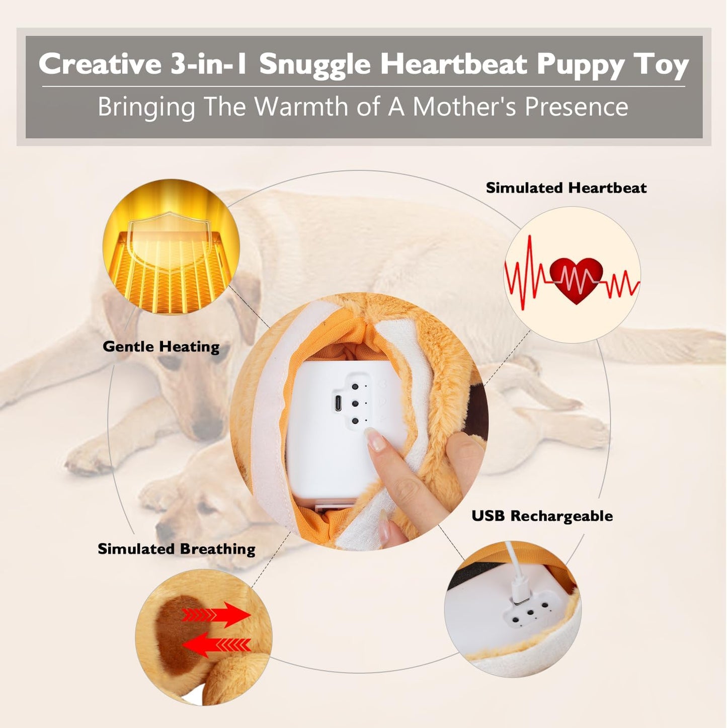 Goopow Heartbeat Puppy Toys for Dogs, [2025 Newly Upgraded] More Lifelike Mom with Upgraded Simulating Breathing/Body Temperature Dog Toys, Dog Anxiety Relief and Calming Aid,USB Rechargeable