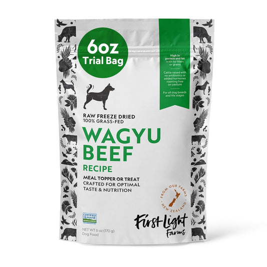 First Light Farms Freeze-Dried Dog Food Topper for Picky Eaters | High Protein Treat | Grain-Free Formula for All Breeds & Life Stages | Premium Wagyu Beef & Certified Humane | 6oz Bag