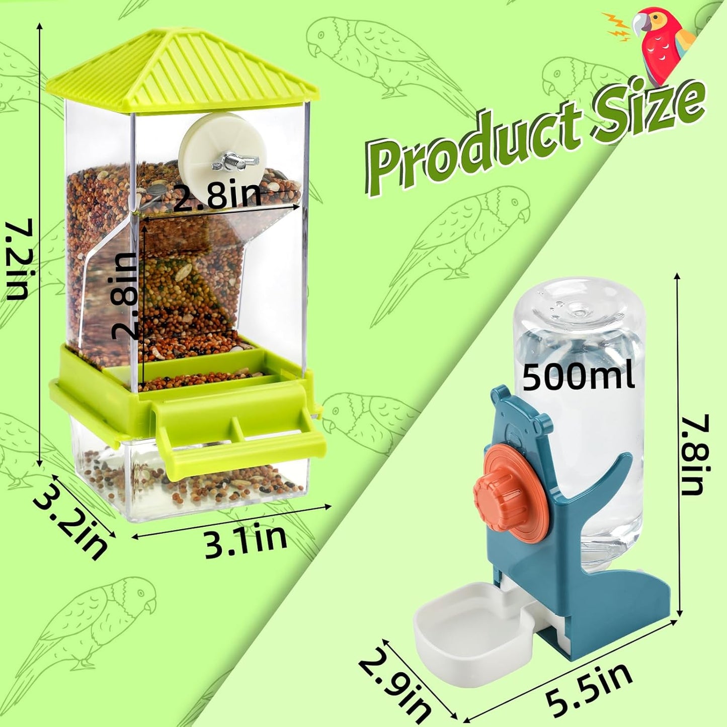 Rypet No Mess Bird Water Feeder Dispenser Set Automatic Bird Feeder for Cage Transparent Food Container for Cage Acrylic Parrot Seed Feeders Accessories for Small Birds Parrot Cockatoo Canary