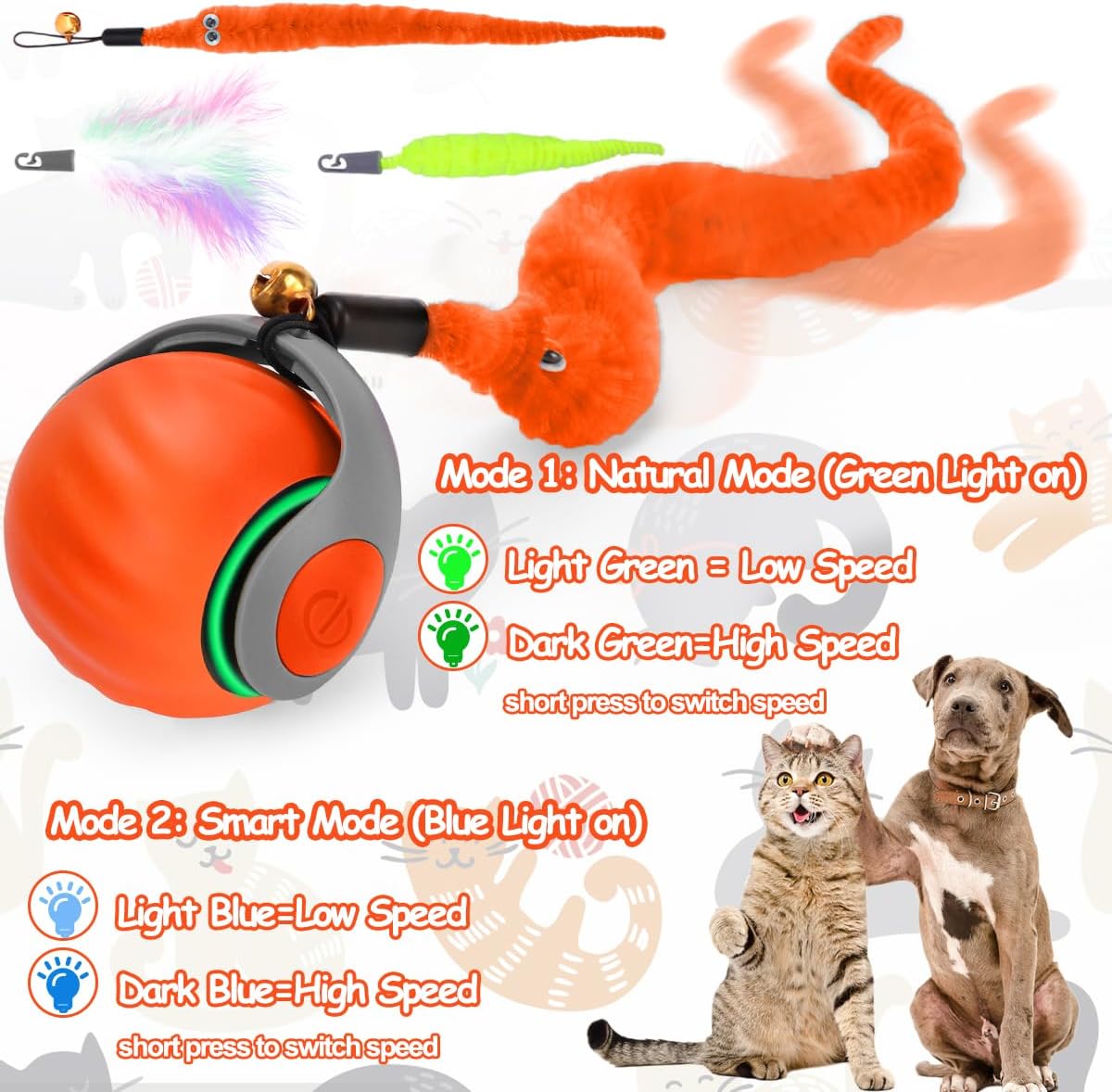 Interactive Cat Ball Toy, Self Rolling Ball with Cover Anti-Scratch for Bored Indoor Cat Chasing, Obstacle Avoidance Smart Cat Toys for Enrichment, Motion Activated Toys to Keep Them Busy （Orange）