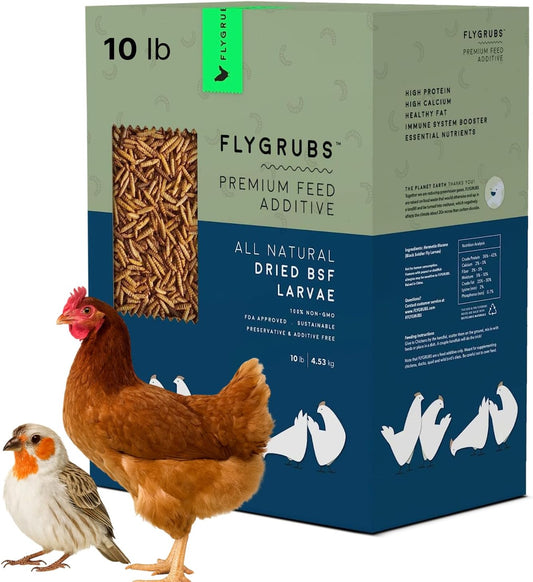FLYGRUBS 10 lb Dried Black Soldier Fly Larvae - High Calcium Chicken Feeder - 85X More Calcium, Non-GMO Meal Worms for Wild Birds, Ducks, Turkeys, Quails, Turtles - Nutrient-Rich BSFL