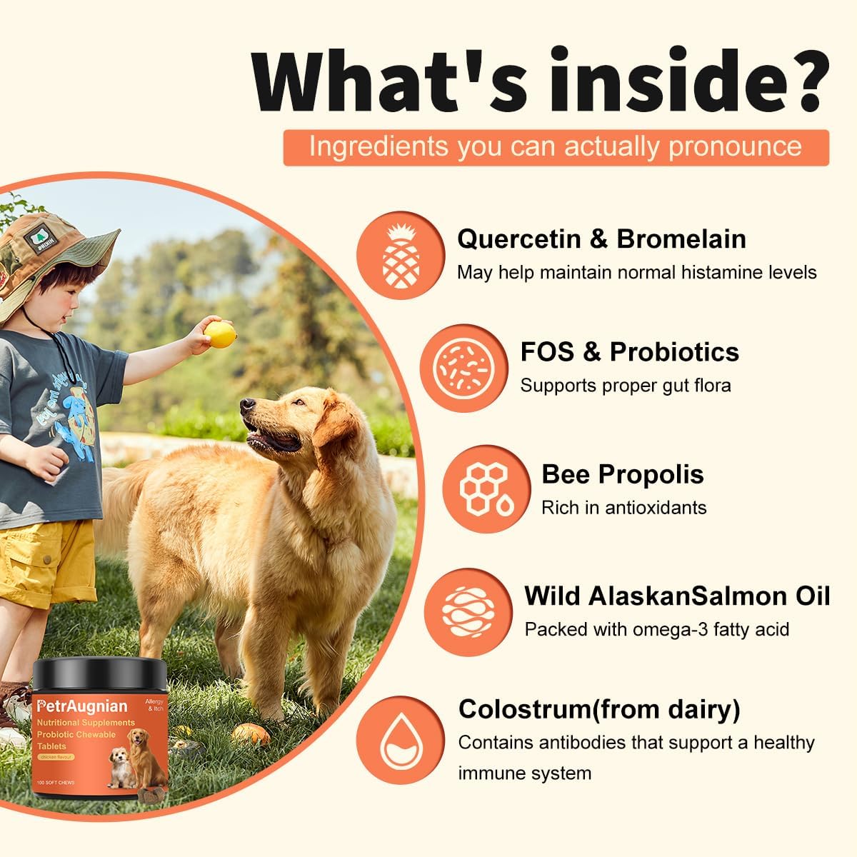 Allergy & Itch Relief for Dogs | Allergy, Itchy Skin & Immune Support with Salmon Oil, Quercetin, Colostrum and Probiotics -Nutritional Supplements 100 Soft Chews