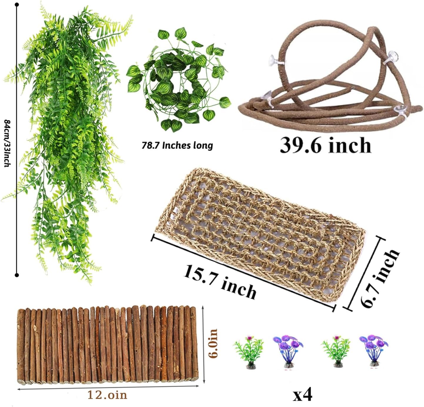 Bearded Dragon Tank Accessories, Reptile Mat Hammock Plants Bridge Jungle Climber Vines Terrarium Decorations for Hermit Crab Lizard Snake (9 PCS Without Reptile Mat)