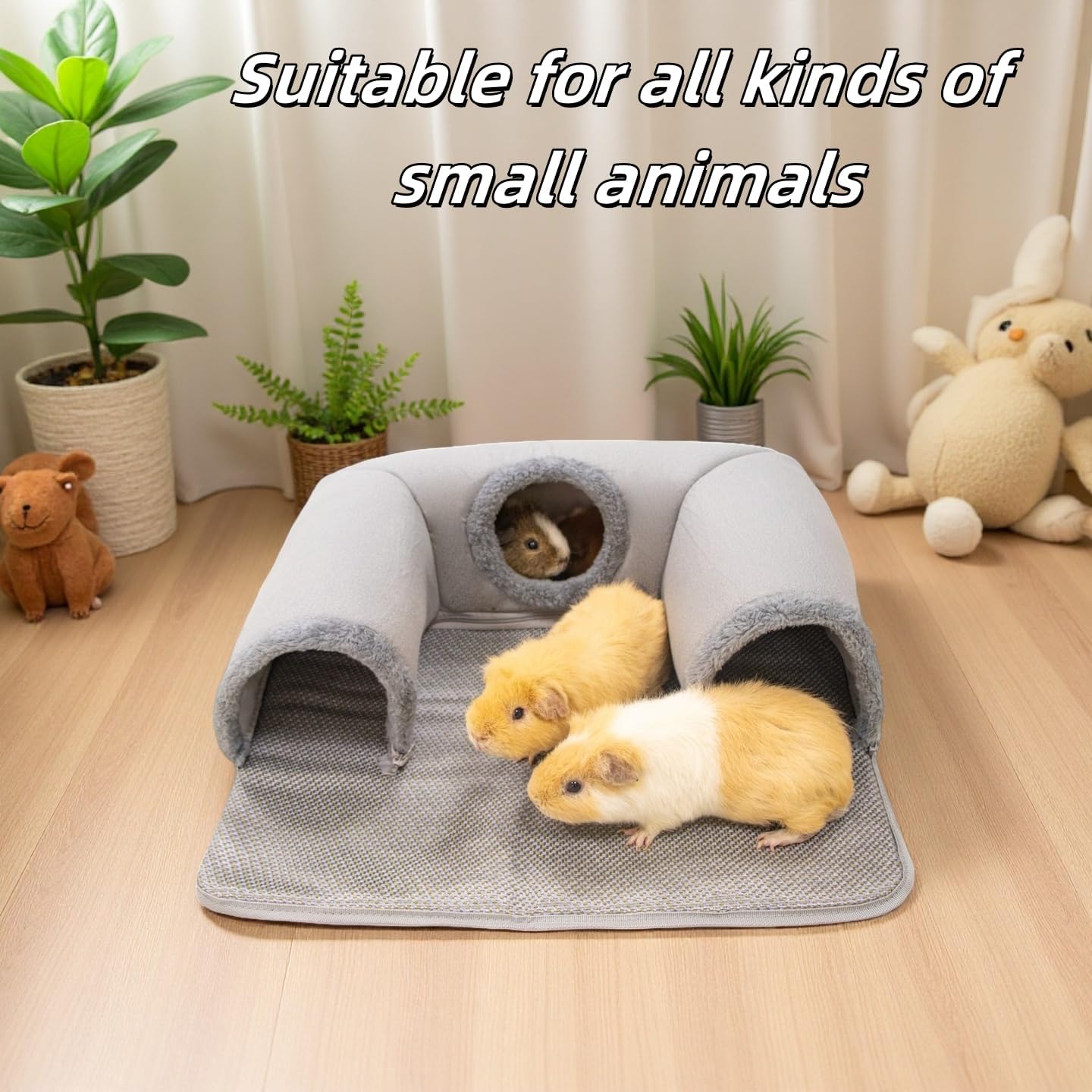 Guinea Pig Hideout Tunnel with Cool Bed for Bunny 3 Cave Small Animal Tunnel Toy Cages Rattan Mat