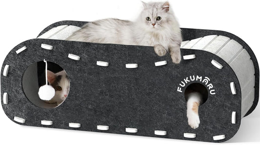 FUKUMARU Cat Beds for Indoor Pets, 31.5 Inches Extra-Large Cat Cave for Multi-Pet, Cozy House with Fluffy Ball Hanging, Scratch Resistant Felt Kitten Hideaway Bed, Feline Tunnel, Grey