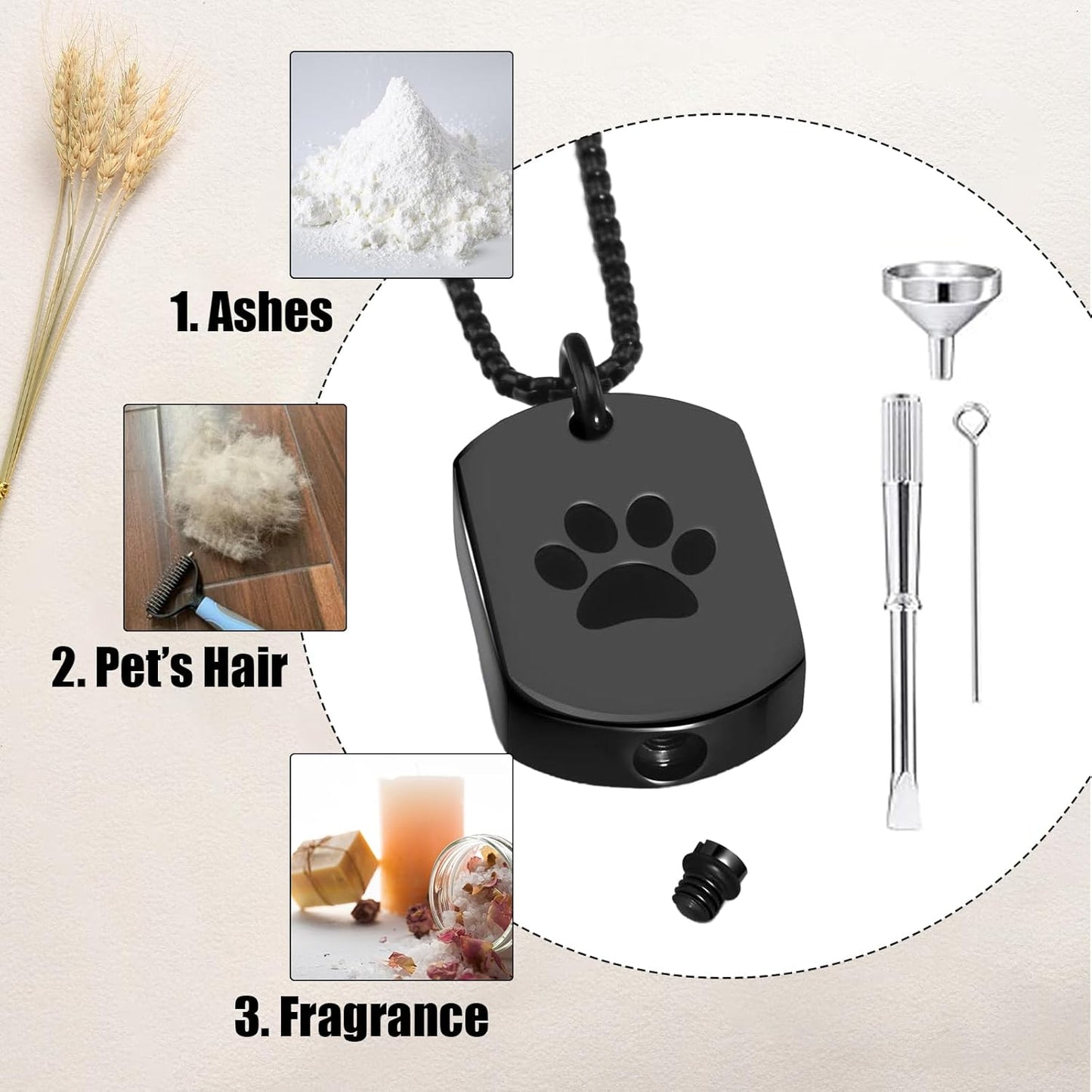 Personalized Pet Urn Necklace for Dog Ashes Custom Engraving Photo Text Pet Cremation Jewelry Customize Memorial Gift for Pet Dog Cat Ashes Necklace (03-Black)