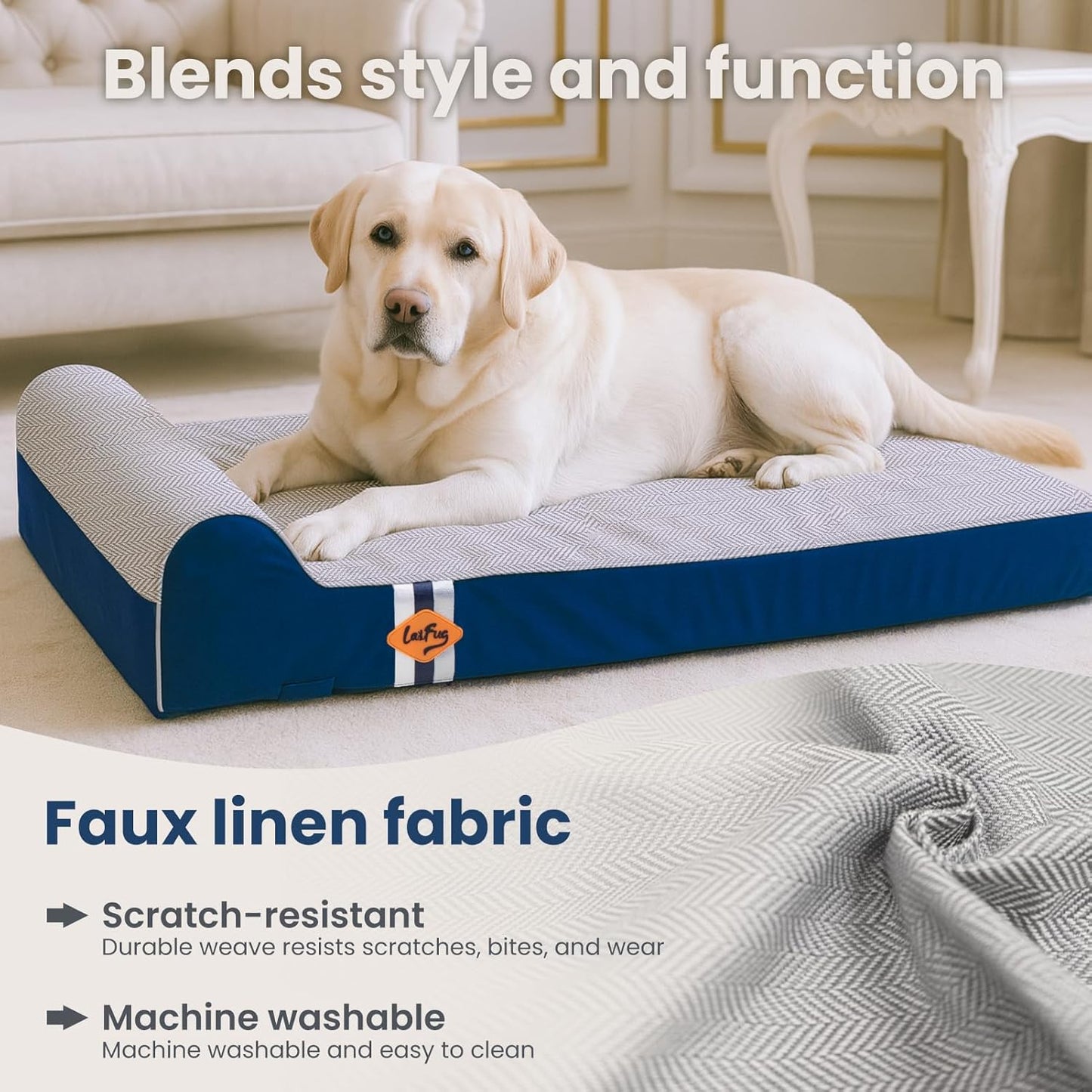 Laifug Orthopedic Memory Foam Extra Large Dog Bed with Pillow and Durable Water Proof Liner & Removable Washable Cover & Smart Design (Large (46"x28"x8"), Grey Blue)