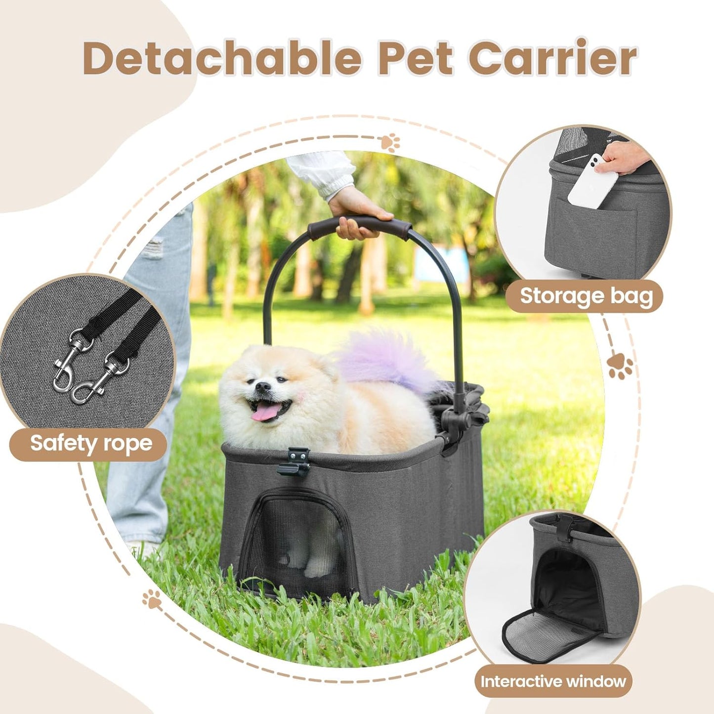 Pet Stroller, 4 Wheels Pet Strolling Cart for Medium/Small Dogs and Cats, Foldable Cat Jogger/Dog Stroller with Cup Holder, Storage Basket, Breathable Mesh, All-Season Pet Carrier (Dark Grey)