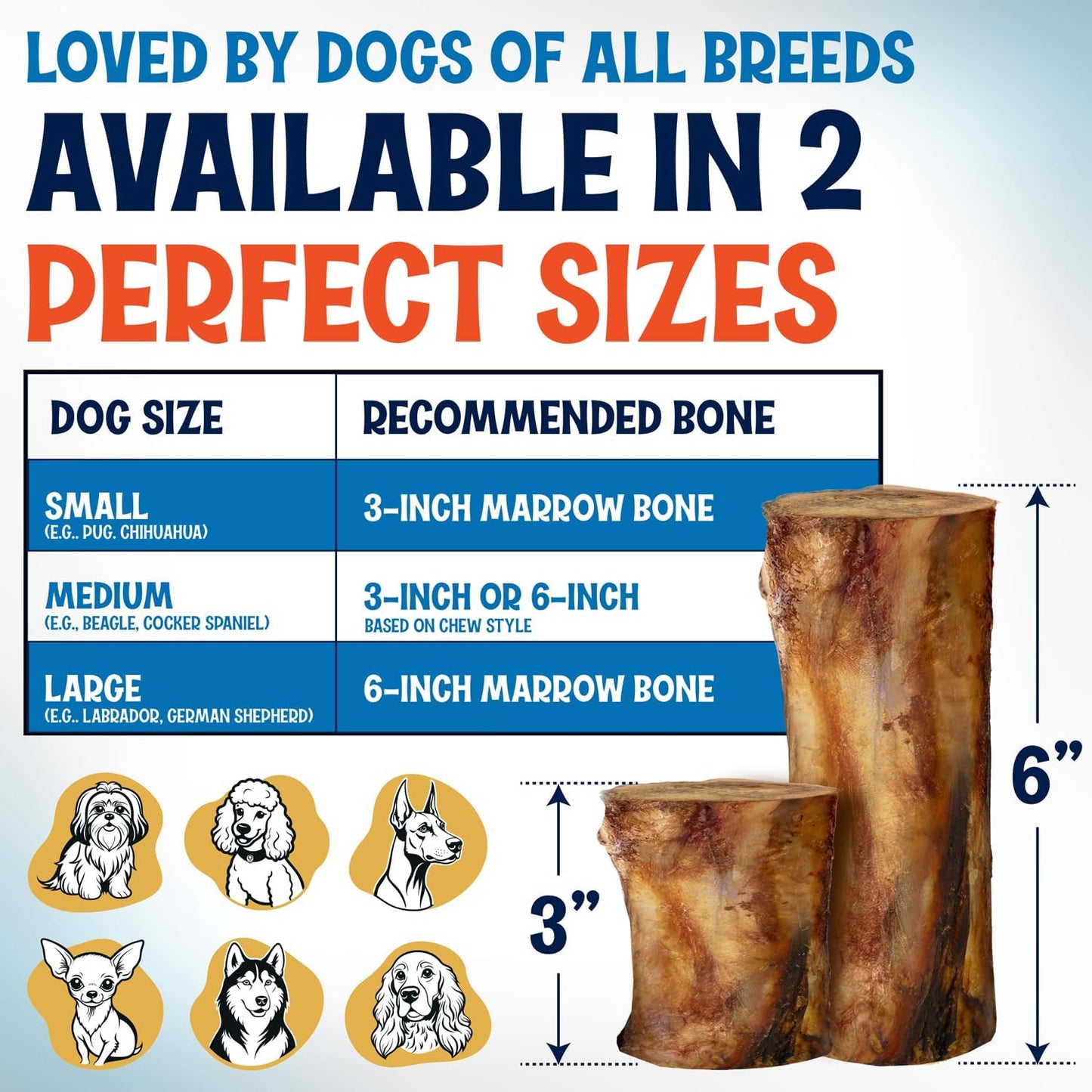 Marrow Bones for Large Dogs, 6 inch Natural Dog Bones for Aggressive Chewers, Long Lasting Treats, Grain-Free, Rawhide Alternative, Dental Health Snack, USA Packaged, Low Odor (6 Pack)