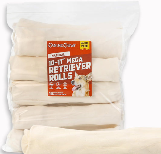 Canine Chews 10-11" MEGA Retriever Rolls (10 Pack) Natural Rawhide for Big Dogs - Long-Lasting Dog Chew Treats for Aggressive Chewers - Odor-Free - Extra-Large
