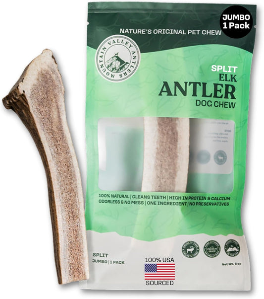 Mountain Valley Elk Antlers for Dogs - 100% Natural & Organic Chew for Aggressive Chewers, No Odor, No Mess, Long Lasting - Wild-Foraged Naturally Shed Antlers in USA - Grade A, Split Jumbo (1 Pack)