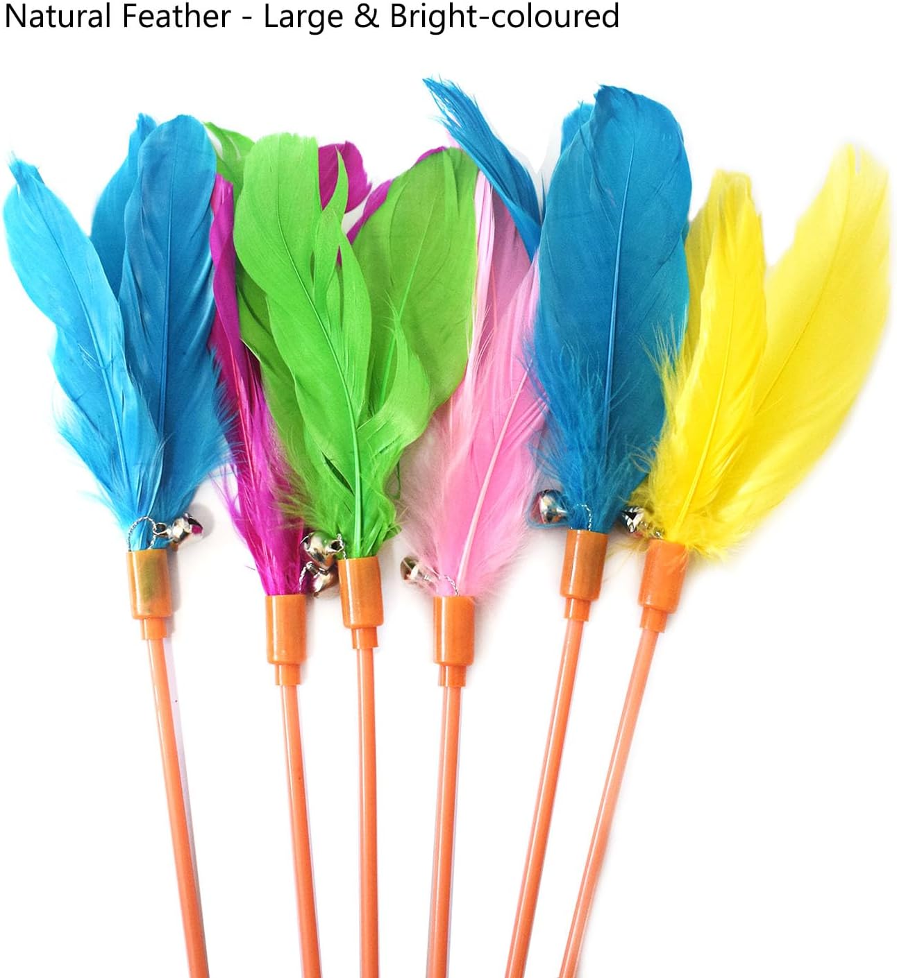 Cat Wands, 6 PCS Vibrant Color Feather Wands with Bell Unbreakable Cat Feather Sticks Interactive Kitten Toys for Indoor Cats