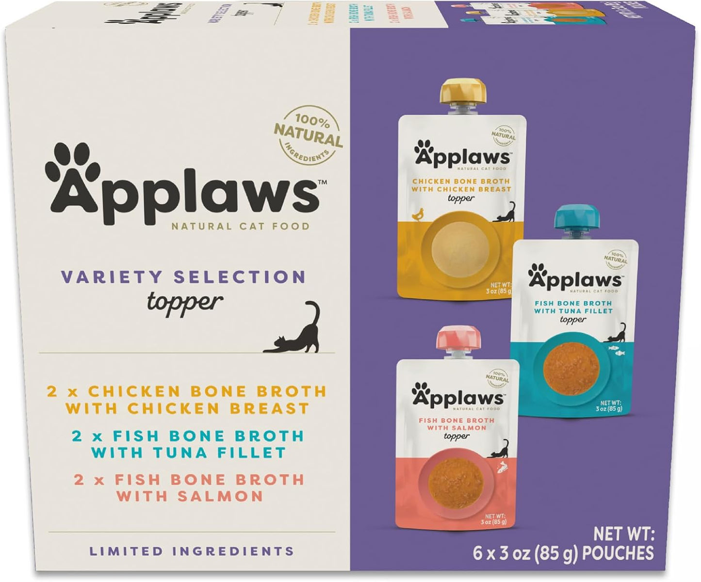Applaws Natural Wet Cat Food in Mousse Topper, Limited and Natural Ingredients, High Protein with No Artificial Additives, Fish and Chicken Variety Bone Broth (12 x 3oz Resealable Spout Pouches)