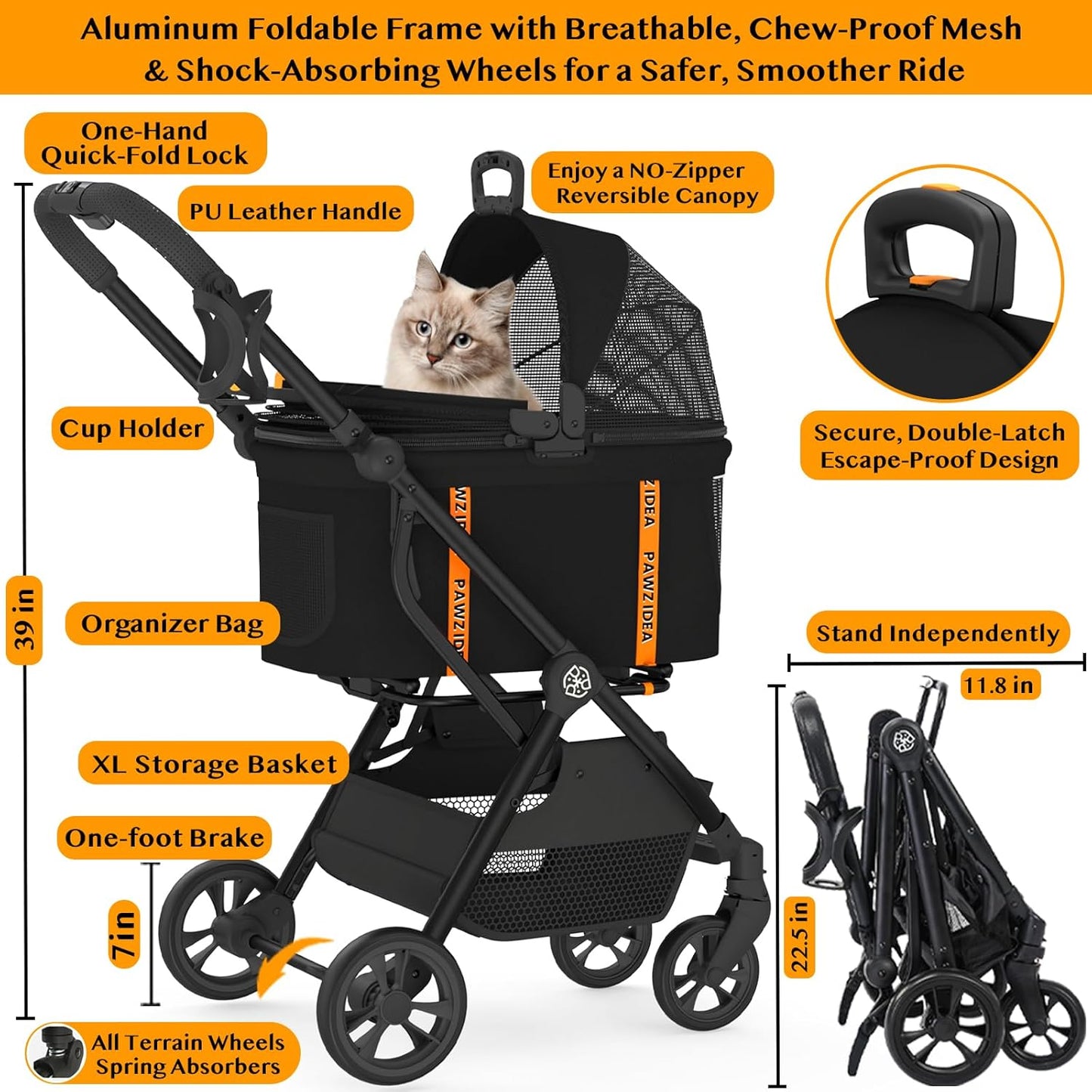 PAWZIDEA Pet Stroller 4 in 1, Cat Strollers with Detachable Carrier No-Zip Canopy, Portable Dog Crate for Car Seat Travel, Foldable & Lightweight Jogger for Small/Medium Dogs and Cats, Storage Basket