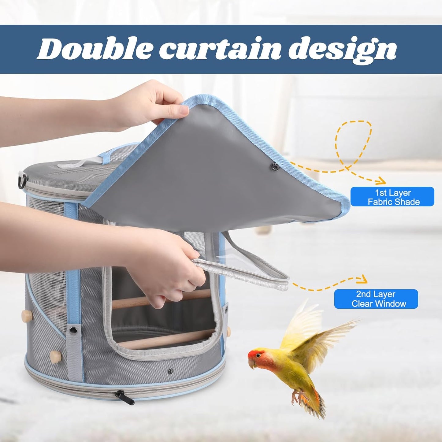 Bird Carrier with Clear Windows, Large Size, Portable Handle, 10 Ventilation Holes, Wooden Perch, Metal Tray, Side Access (Grey Oxford, Medium)