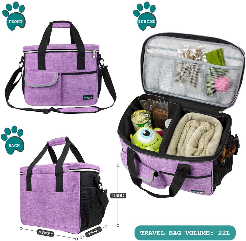 PetAmi Dog Travel Bag - Travel Pet Organizer with Food Container and Bowls, Perfect for Weekend Camping, Cat Diaper Bag (Purple, Medium)