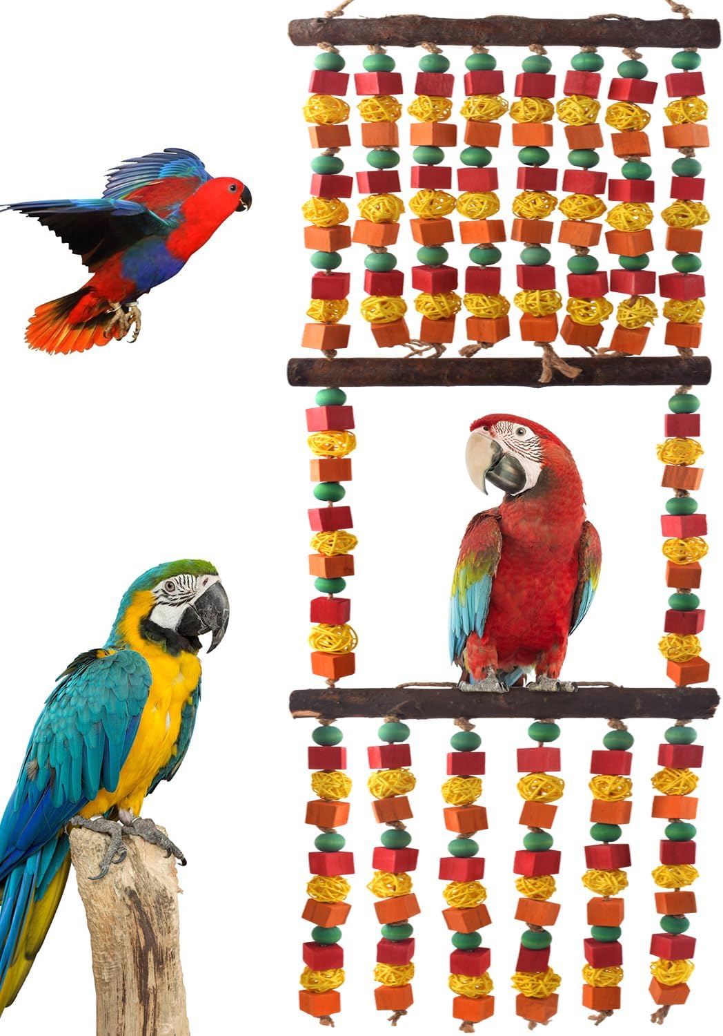 43" Extra Large Bird Parrot Toys, Multicolored Wooden Blocks Chewing Toy with Rattan Balls and Perches for Macaws, African Greys, Cokatoos, Amazon Parrots and Small Medium Parakeets