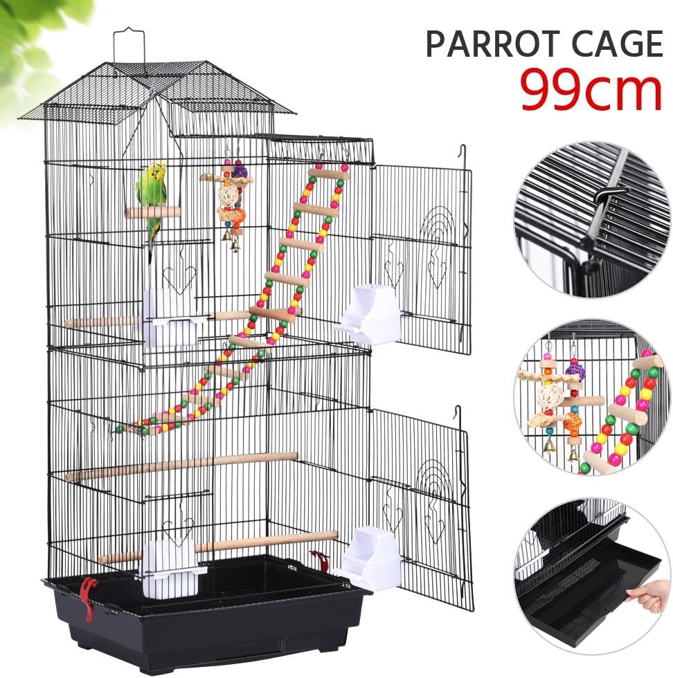Yaheetech 39-inch Roof Top Large Flight Parrot Bird Cage for Small Quaker Parrot Cockatiel Sun Parakeet Green Cheek Conure Budgie Finch Lovebird Canary Pet Bird Cage w/Toys
