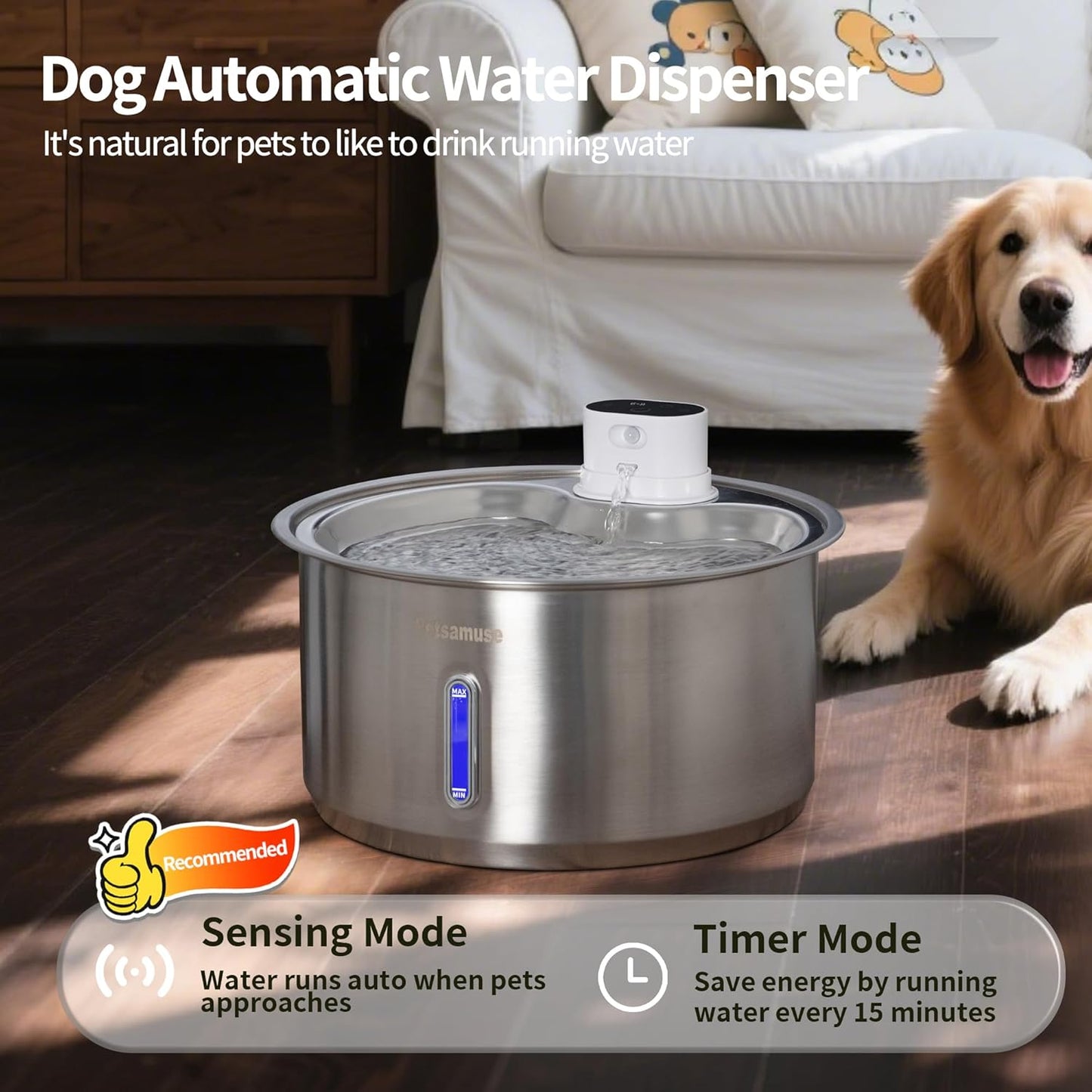 11L Wireless Smart Stainless Steel Water Fountain, Petsamuse 5000MAH Battery 2.8Gal Large Dog Water Fountain with 2 Quiet Pumps Large Dog Water Dispenser with Motion Sensor, Timer Mode & 15 Filters