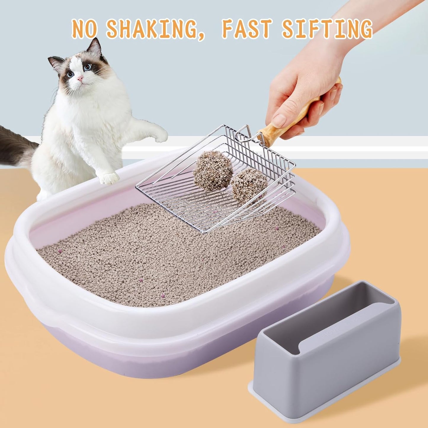 DHXYZZB Cat Litter Scoop, Metal Cat Litter Scooper Kitty Poop Scooper Stand for Litter Box, Fast Sifting Non-Stick Large Cat Poop Sifting cat Scooper (Silver, Large)