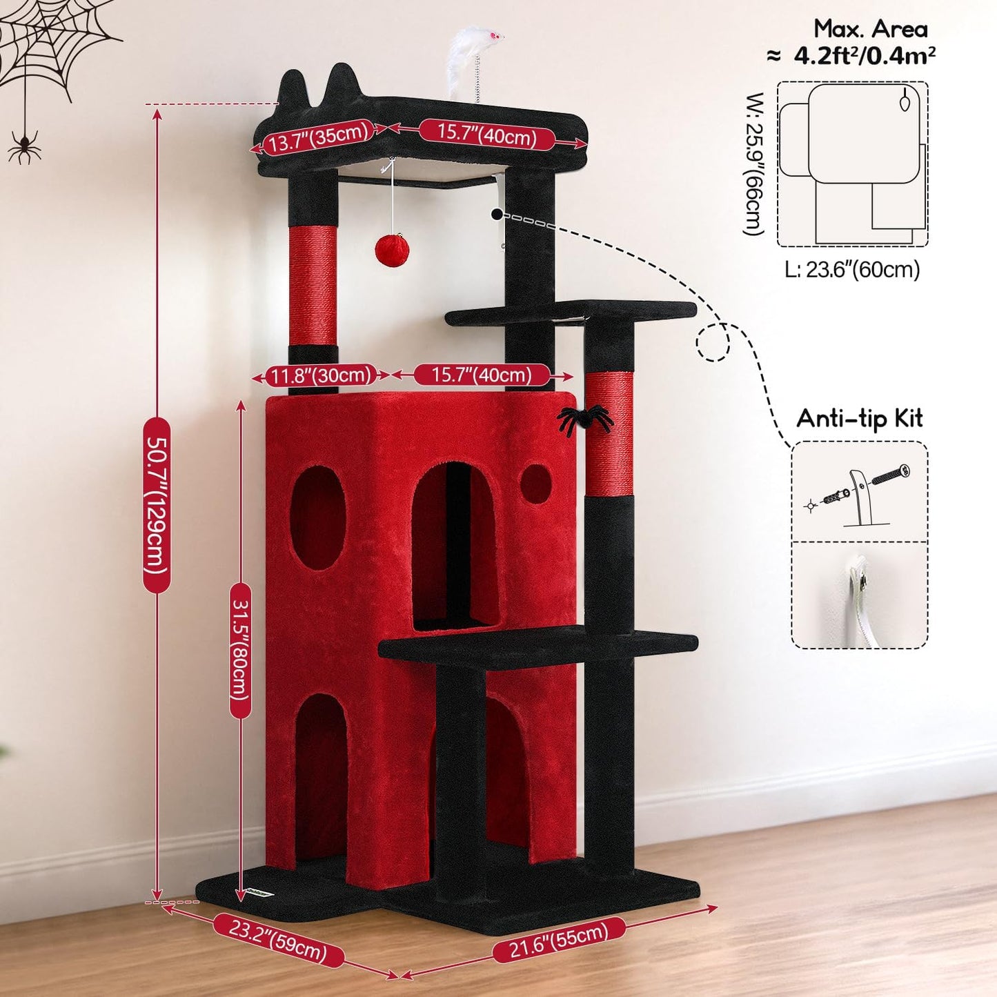 Globlazer Gothic Cat Tree Tower for Indoor Cats, 50-inch Goth Adult Cat Tree House for Large Adult Cats with Steps, Scratching Post, 2 Cat Caves, Dangling Toys, FC50, Blood-Goth