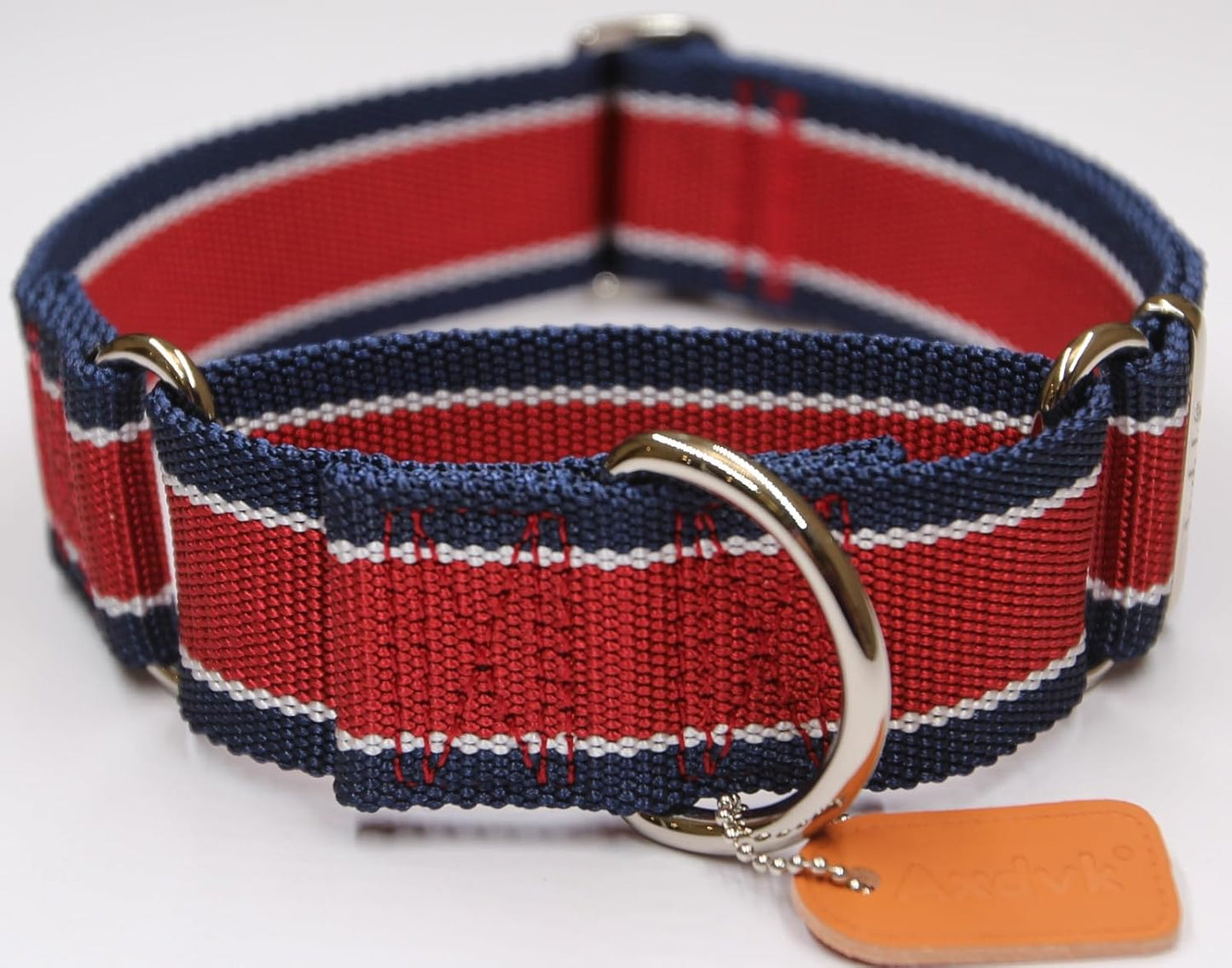 Martingale Collar 1.5 Inch Wide 1600D Extra Strong Anti Escape Nylon Dog Collar, No Pull Heavy Duty Pet Collars with 3-Color Stripe for Medium Dogs (M, Red & Navy Blue)