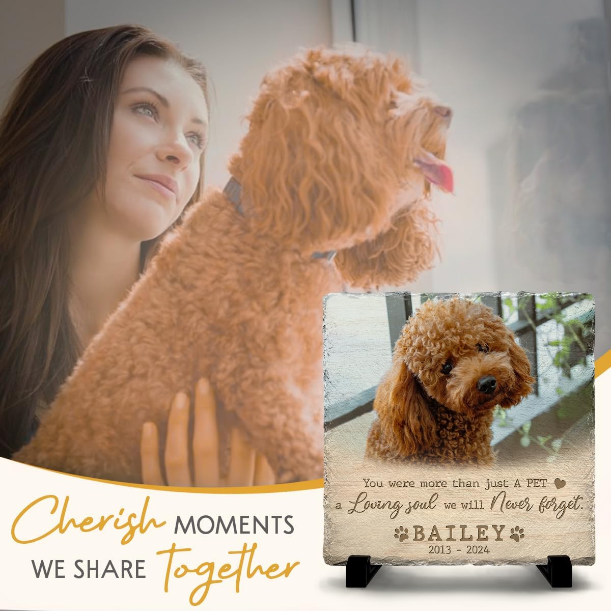 Personalized Pet Memorial Stones for Dogs - Dog Picture Frame Plaque - Square Stone as Dog Lovers Gifts for Women - Garden Decor for Cemetery