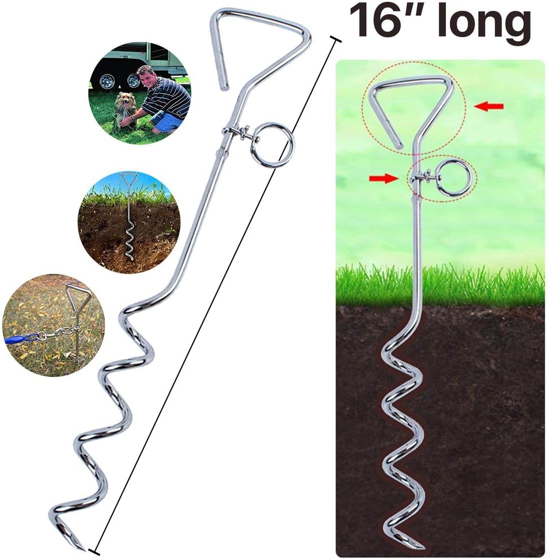 Katzco 2 Dog Tie-Out Stake - Heavy Duty 16" Dog Stakes for Outside, Yard and Camping, Corkscrew Arrowhead Design with Tangle-Free 360 Swivel Hook - Water Resistant Pet Restraint Tool up to 80 lb Dogs