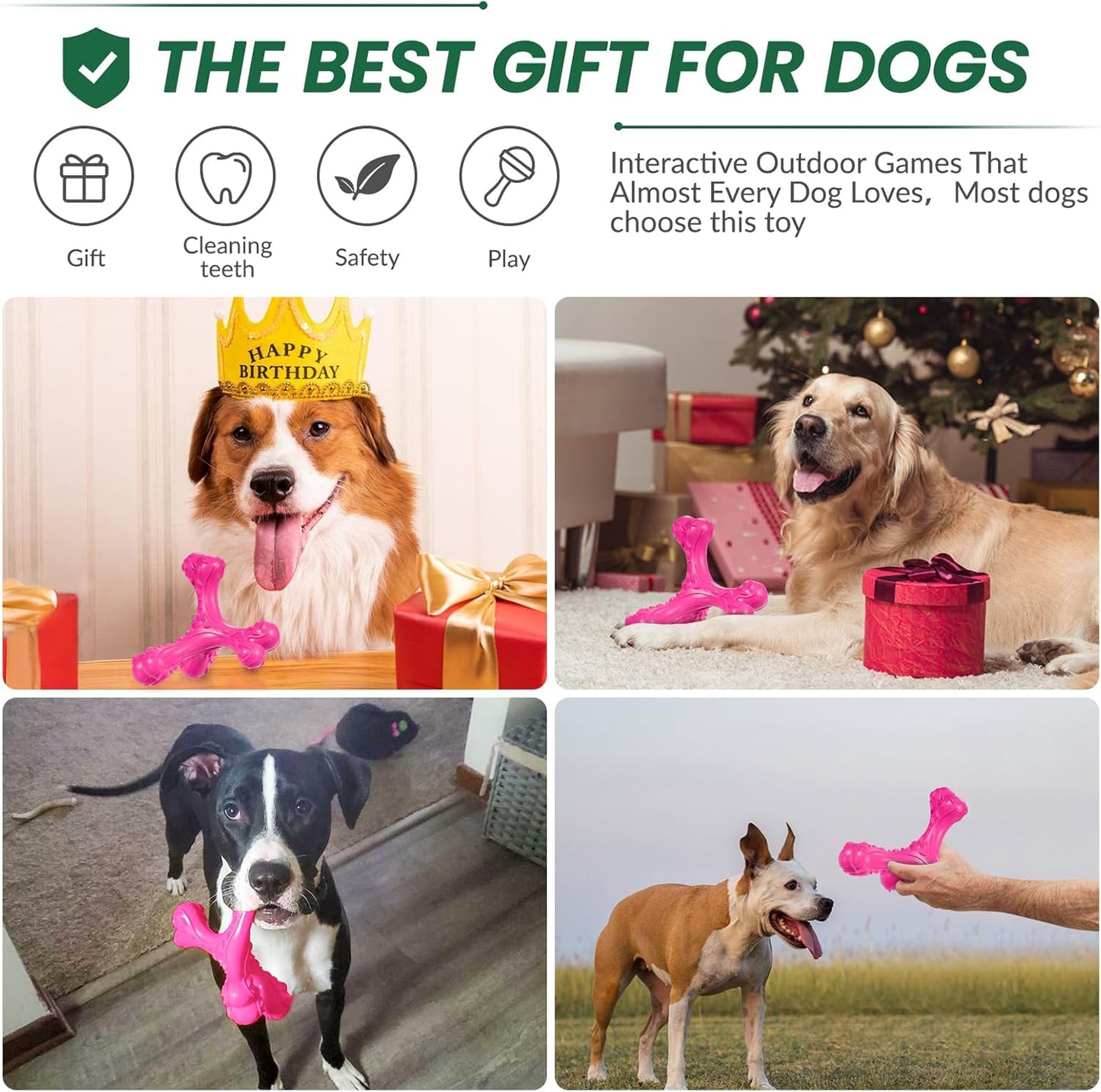 Dog Chew Toys for Aggressive Chewers Large Breed,Indestructible Bones Toy，Durable Cleaning Toothbrush Natural Rubber Dog Toys… (Pink)