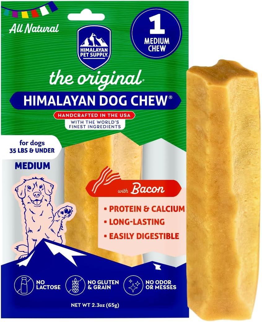 Himalayan Dog Chew Original Yak Cheese Chew, Bacon, 1 Medium Stick, 2.3 oz, Gluten Free, Healthy Treats, Grain & Lactose Free 100% Natural, Long Lasting, for Dogs Under 35 lbs