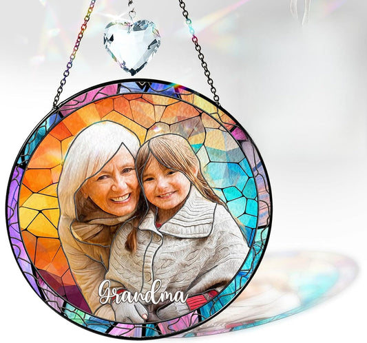 Personalized Grandma Stained Glass Suncatcher, Photo Family Faux Stained Glass Window Hanging Ornament, Custom Grandparent Day 2025 Gifts for Grandma, Birthday Gift for Dad, Grandpa