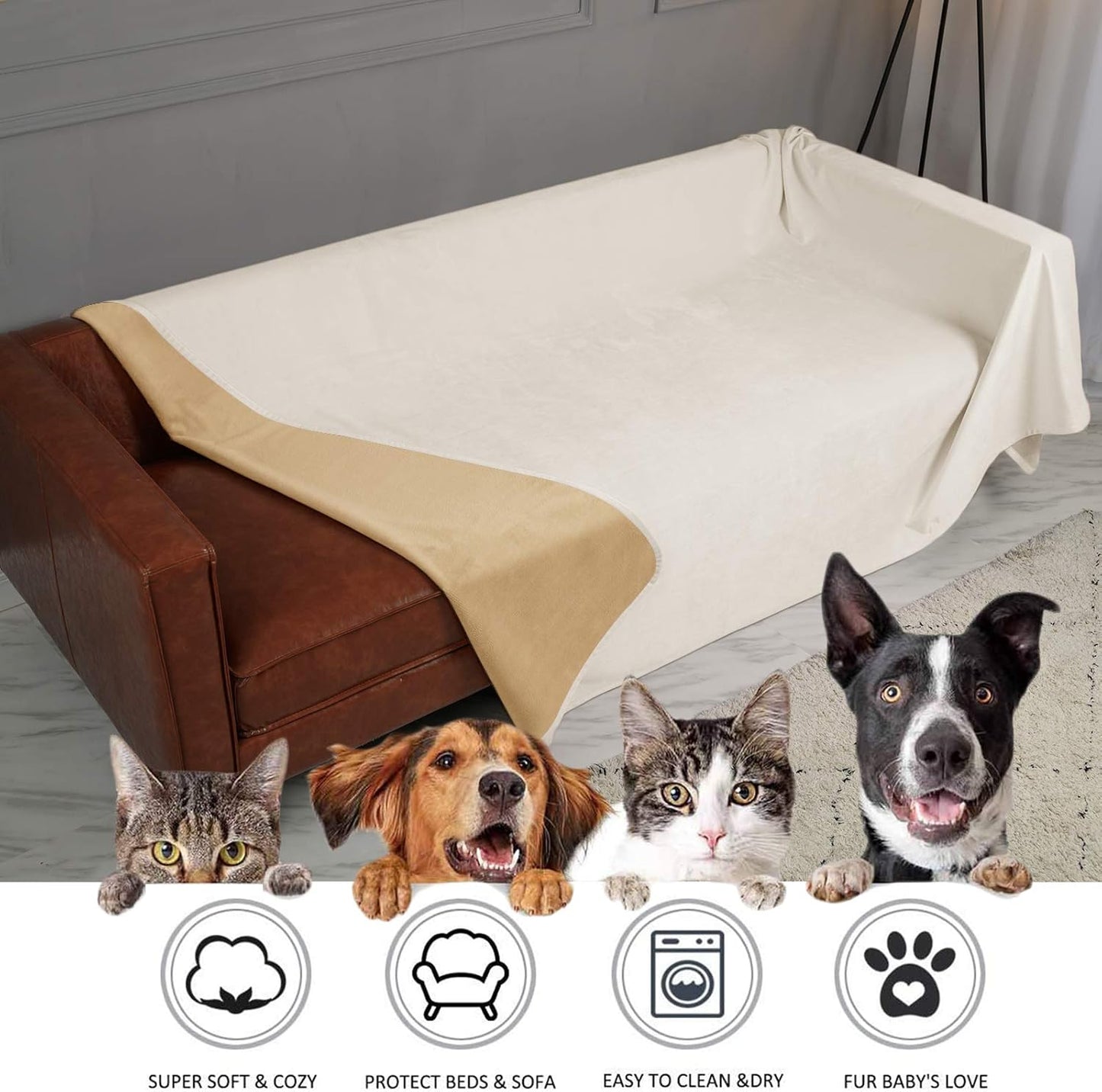 Ameritex Pet Bed Blanket Reversible 100% Waterproof Velvet Super Soft for Sofa and Bed (82x82 Inches, Cream+Sand)