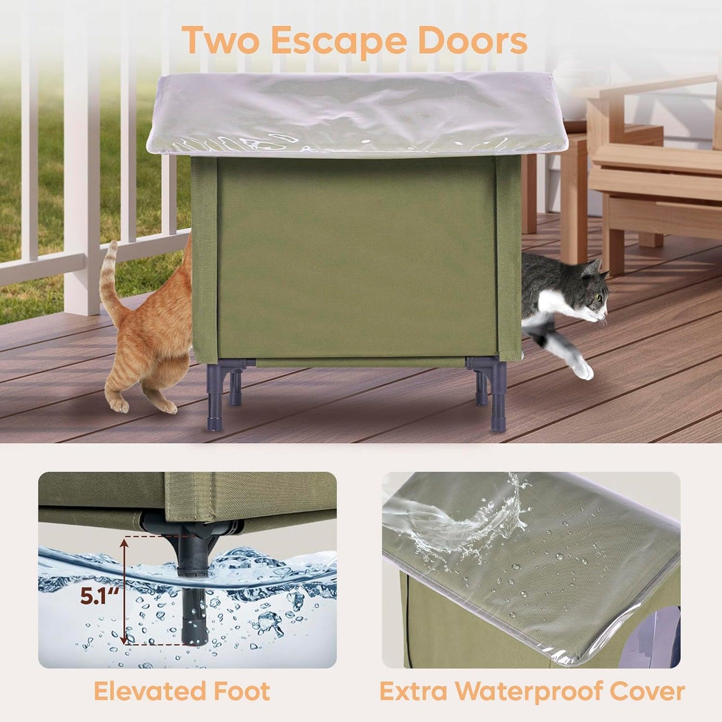 Large Cat House for Outdoor Cats Weatherproof, Indestructible Feral Cat House for Outside, Waterproof Elevated Kitty Pet House with Soft Pad, Extra Roof Cover, Easy Assembly, Barn, Porch