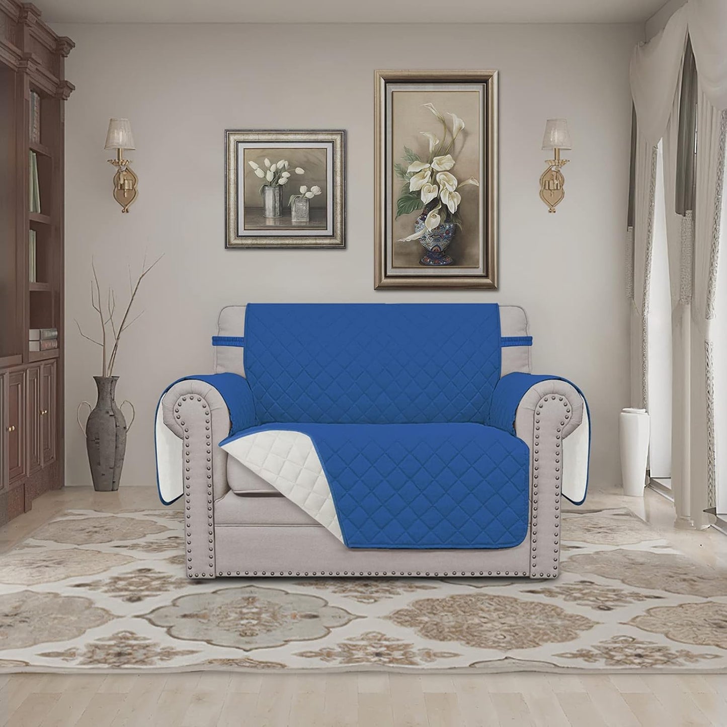 Easy-Going Oversized Chair Sofa Slipcover Reversible Sofa Cover Water Resistant Couch Cover Furniture Protector Cover with Elastic Straps for Pets Dog (Oversized Chair, Blue/Ivory)