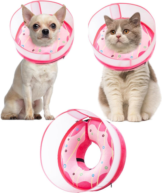Inflatable Dog Cone Collar for Large Medium Small Dogs, Soft Dog Donut Collar Adjustable Recovery Cone for Pets After Surgery, Extra Enhanced Anti-Licking Guard Shield (Pink Donut, Medium)