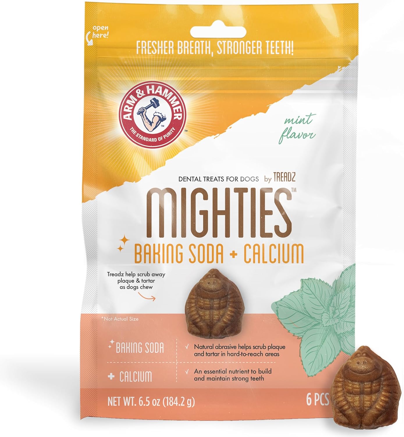 Arm & Hammer for Pets Mighties by TREADZ Dental Treats for Dogs with Baking Soda and Calcium, Help Fight Bad Breath, Plaque & Tartar without Brushing, Mint, Gorilla Shaped, 6 Pcs (Packaging may vary)