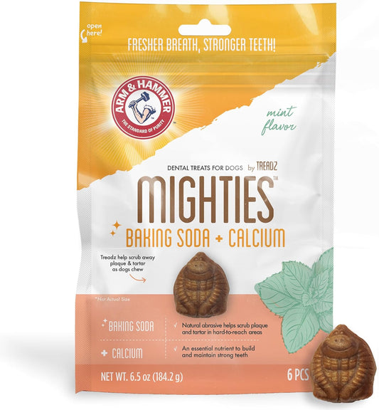 Arm & Hammer for Pets Mighties by TREADZ Dental Treats for Dogs with Baking Soda and Calcium, Help Fight Bad Breath, Plaque & Tartar without Brushing, Mint, Gorilla Shaped, 6 Pcs (Packaging may vary)