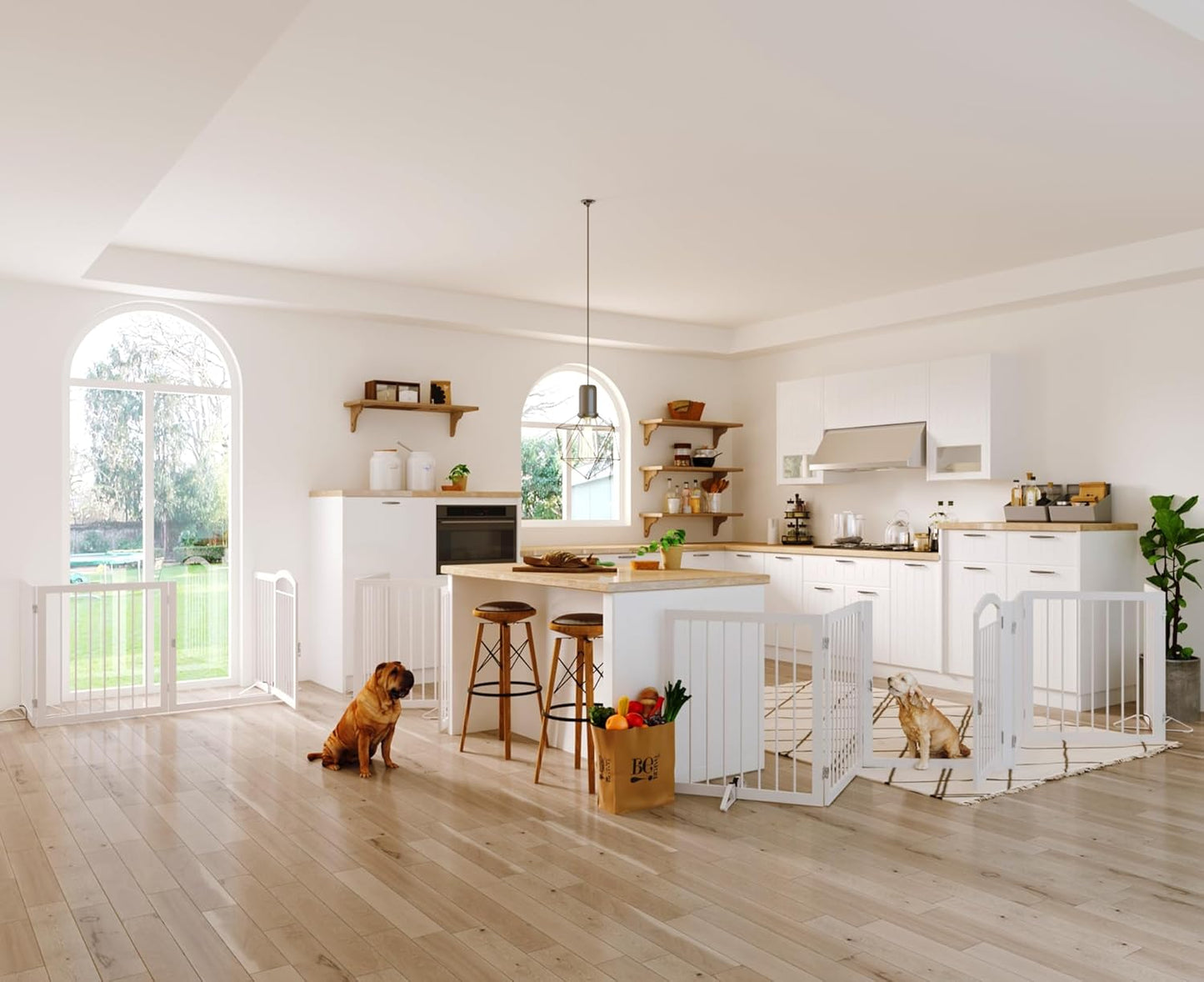 JSB 144-inch Extra Wide 30-inch Tall Dog gate with Door Walk Through, Freestanding Round Tube Pet Gate for Halls Stairs, Puppy Safety Dog Fence with 2PCS Support Feet (White)